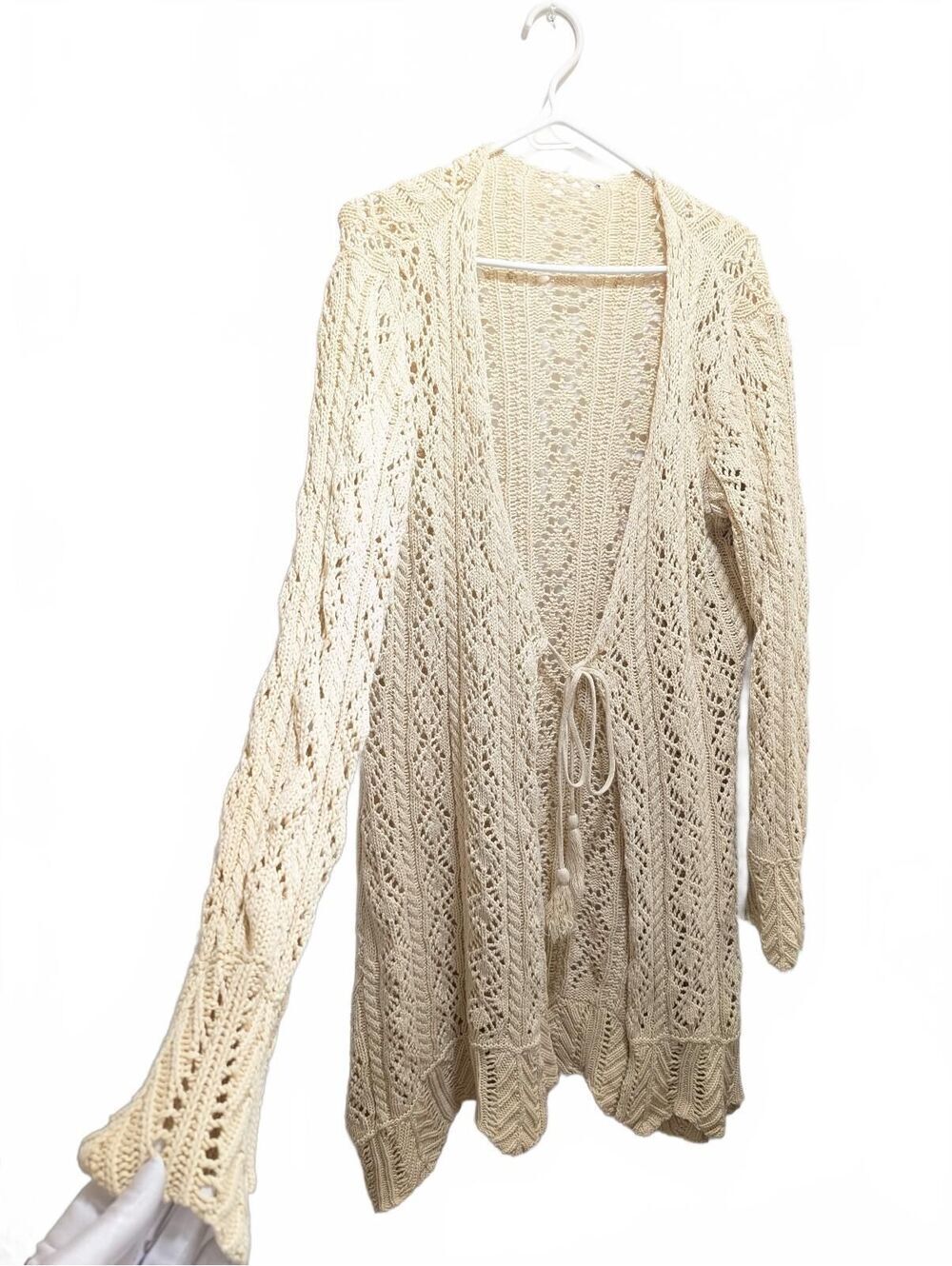 Boho 100% Cotton Crochet Long Duster Cardigan Open Knit Tie Waist Cream